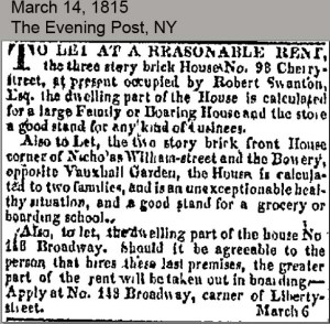 Robert Swanton House to Let March 14, 1815 Evening Post