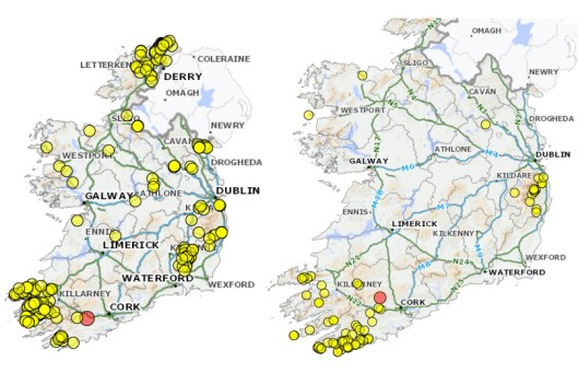 Distribution of 'rock art' (left) and 'cupmarked stones' (right) in Ireland