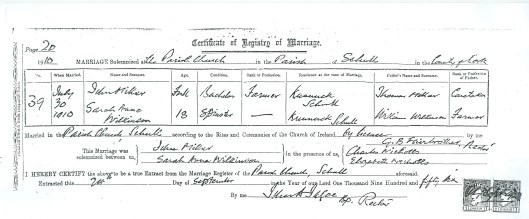 John Millar and Sarah Anne Wilkinson marriage 1910