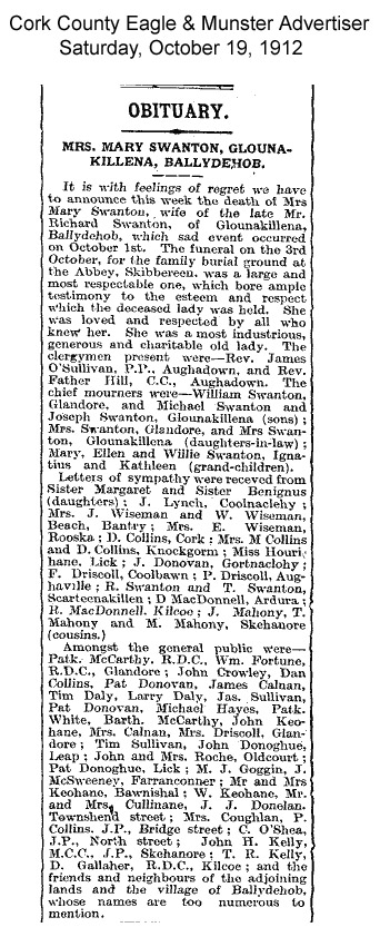 Mary Swanton Glounakillena Obituary 1912 copy