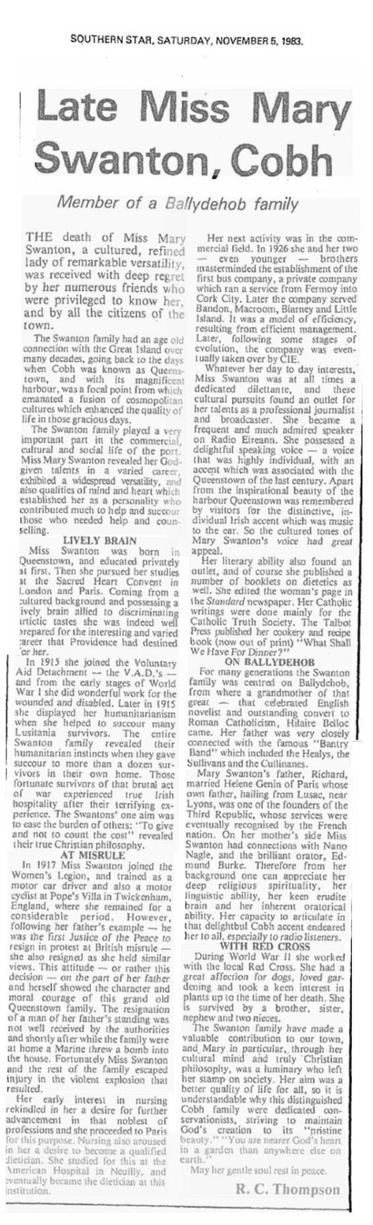 Mary Swanton of Queenstown obituary 1983 copy